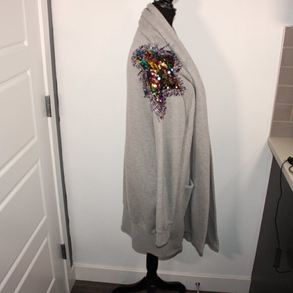 EUC Buffalo heather grey multicolour sequin patchwork star open cardigan Large - Picture 2 of 5